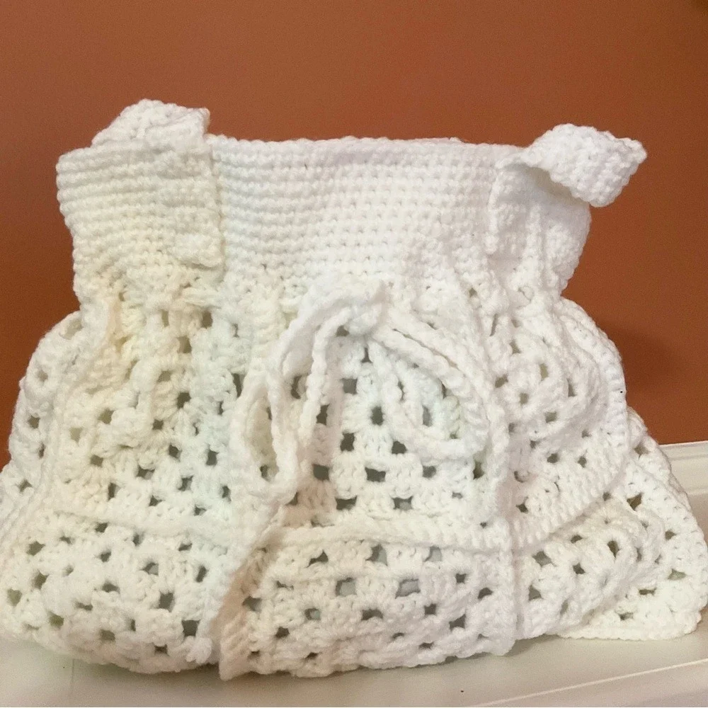Handmade White Crochet Granny Square Tote Bag Lined Boho Drawstring Shoulder Bag